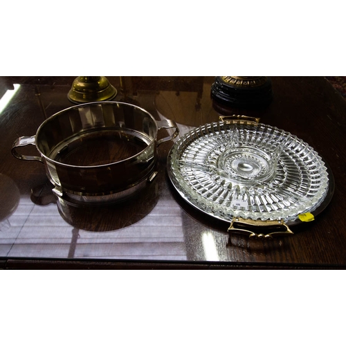 484 - ORNATE ROUND SILVER PLATED TRAY, TRAY + ENTREE DISH