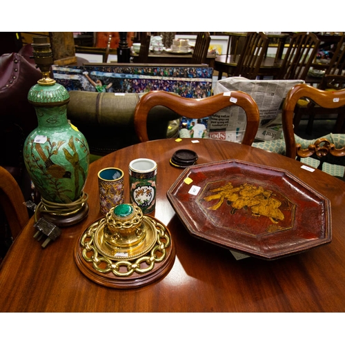 497 - ORNATE INKWELL + 2 PEN POTS, TRAY + LAMP