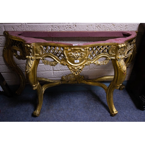 67 - GILDED SHAPED HALL TABLE  - MARBLE TOP MISSING. 150CM W x 85CM H X 37CM D