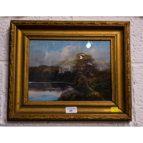 90 - 2 OIL PAINTINGS IN GILT FRAMES - LAKE SCENES 30 X 22CM