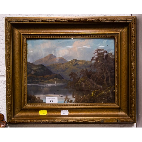 90 - 2 OIL PAINTINGS IN GILT FRAMES - LAKE SCENES 30 X 22CM