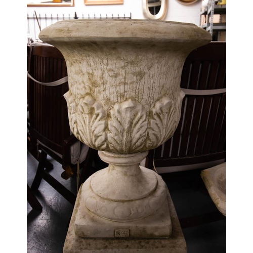 260 - PAIR OF ACANTHUS LEAF POTS ON PLINTHS 105 CM HIGH