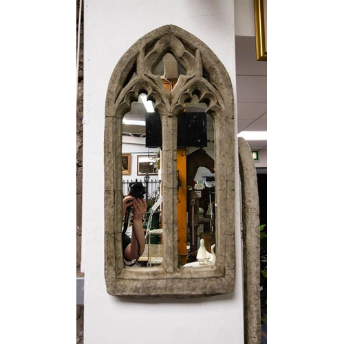 337 - PAIR OF ARCH TOP STONE MIRRORS 38W X 80H CM