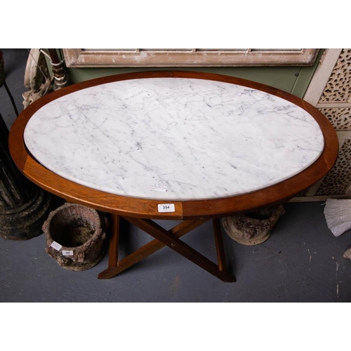 354 - OVAL MARBLE TOP FOLDING TABLE 90 X 55CM