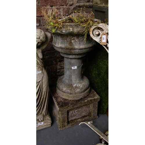 385 - PAIR OF OLD PLANTERS ON PLINTHS . 80CM HIGH - AS FOUND