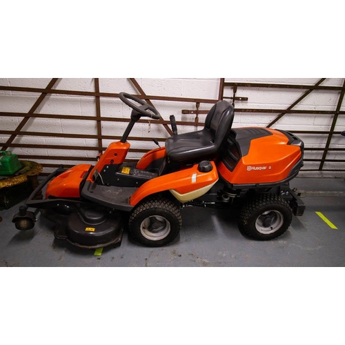 503 - HUSQVARNA RIDE ON LAWN MOWER + TIP UP TRAILOR AND RAKE.