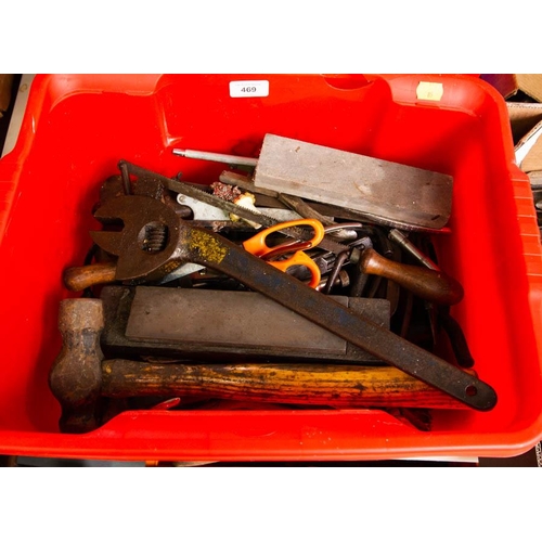 469 - BOX OF PLIERS + TOOLS ETC