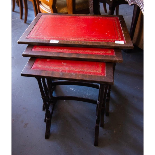 59 - CARVED CLAW LEG MAHOGANY HALL TABLE AF + NEST OF LEATHER TOP TABLES