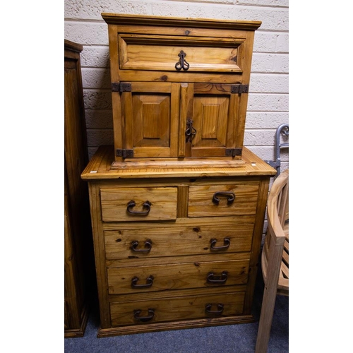 70 - RUSTIC 5 DRAWER TALL BOY, 5 DRAWER CHEST + LOCKER