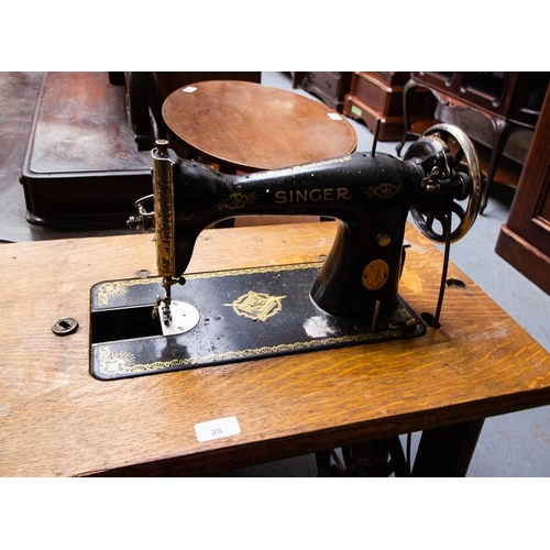 28 - SINGER SEWING MACHINE WITH FOOT PEDAL IN OAK CASE