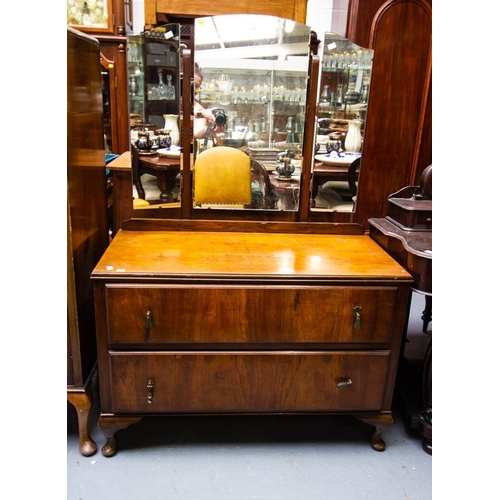 42 - WALNUT 3 MIRROR DRESSING TABLE, 2 DOOR PRESS + 3 DRAWER CHEST