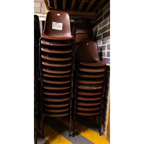 554 - 67 BROWN PLASTIC STACKING CHAIRS ON METAL FRAME