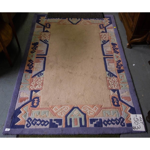 563 - 2 MODERN RUGS. CREAM GROUND WITH PURPLE BORDER. 182 X 122CM AND 150 X 92CM