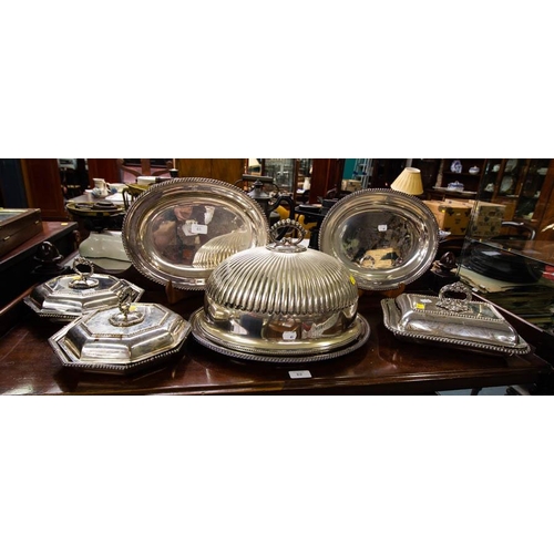 63 - COLLECTION OF SILVER PLATED TRAYS, ENTREE DISHES, + DOME