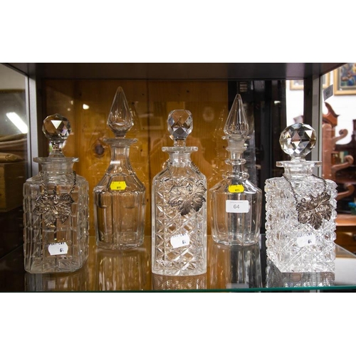 64 - 3 SQUARE CUT GLASS DECANTERS WITH SILVER LABELS + 2 DECANTERS