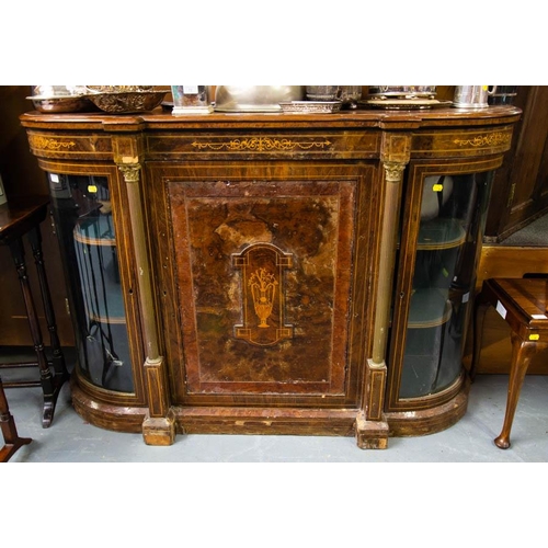 72 - INLAID WALNUT CREDENZA WITH BRASS COLUMNS AF IN NEED OF RESTORATION - 150W X 45D X 105H CM