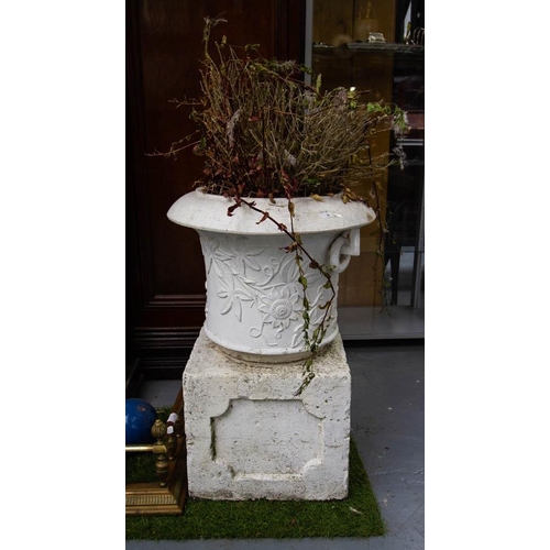 90 - PAIR OF WHITE GARDEN POTS ON PLINTHS