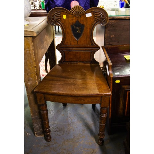 55 - MAHOGANY SIDE TABLE + HALL CHAIR AF (SOME REPAIR DONE)