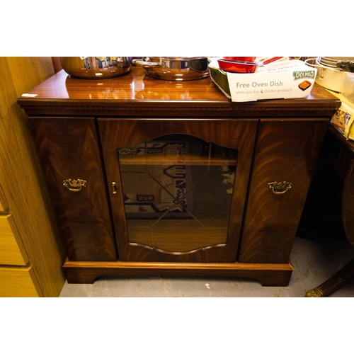 108 - SIDE CABINET, REVOLVING TABLE + SHOE RACK