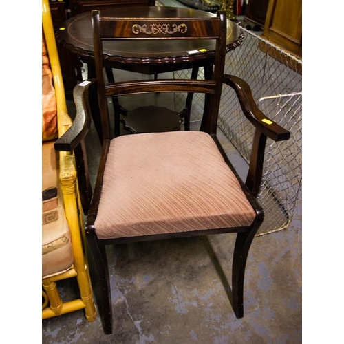 532 - MAHOGANY CARVER CHAIR WITH BRASS INLAY