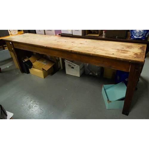 558 - LARGE POST OFFICE TABLE. Measures 244cm long, 60cm deep x 77cm high