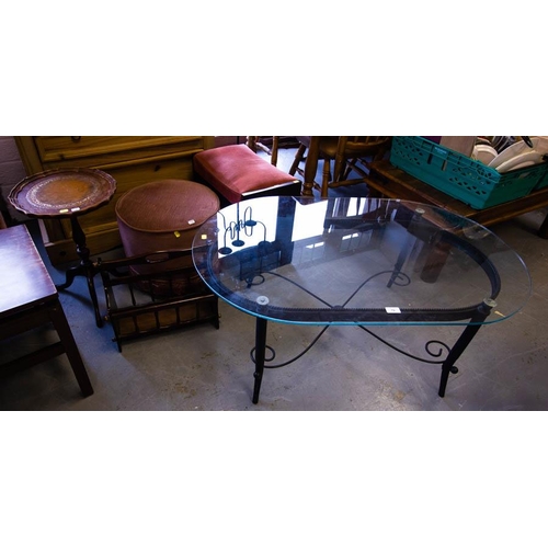 72 - STOOL, WINE TABLE, MAGAZINE STAND, GLASS TOP COFFEE TABLE + POUFFE