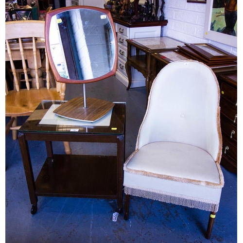 76 - OCCASIONAL CHAIR + GLASS TOP OCCASIONAL TABLE + TEAK MIRROR