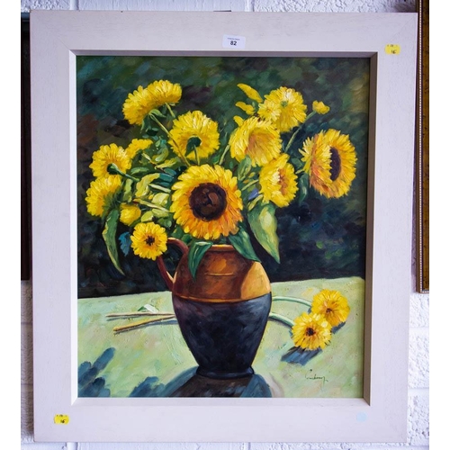 82 - OIL ON CANVAS SUNFLOWERS + 4 PRINTS