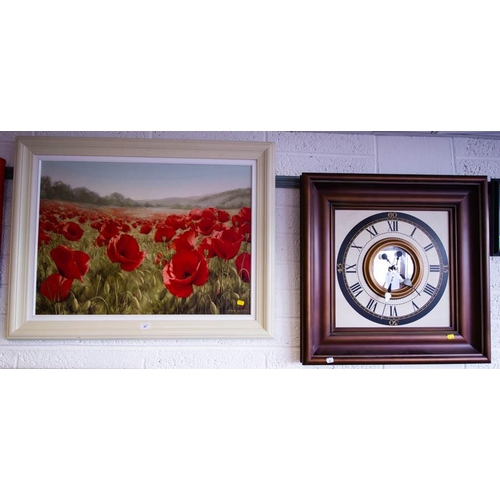 87 - POPPY PRINT, PAIR OF UNFRAMED PICTURES + 2 CLOCKS