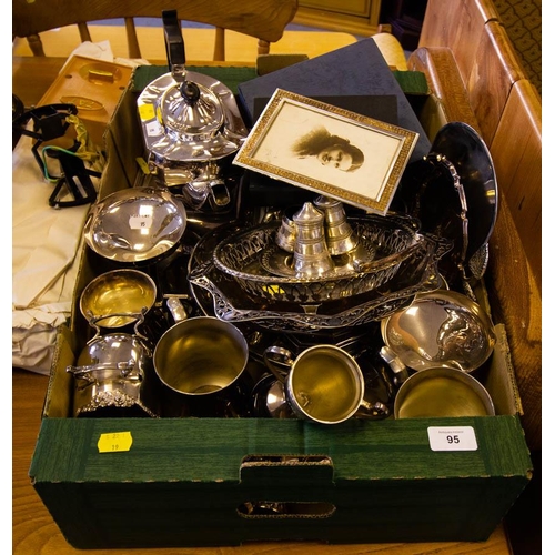 95 - SILVER PLATED TEA SET, ENTREE DISH, MISC PLATE + TROPHIES