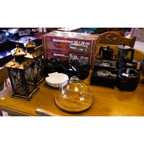 97 - 2 CHAFING DISHES, COFFEE POTS, FONDUE SET ETC