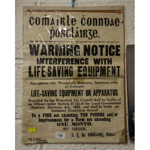 146 - OLD WATERFORD COUNTY COUNCIL WARNING POSTER 40 X 50 CM