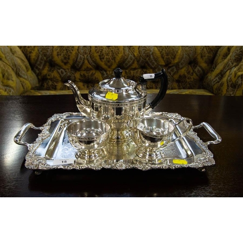 15 - SILVER PLATED TEA SET ON TRAY + FISH CUTLERY