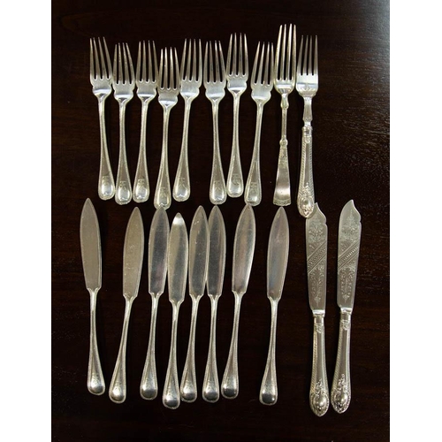 15 - SILVER PLATED TEA SET ON TRAY + FISH CUTLERY