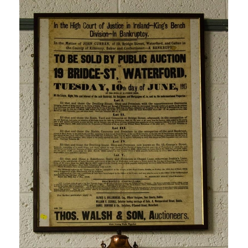 154 - ANTIQUE 1913 THOMAS WALSH AUCTIONEERS BANKRUPTCY POSTER FRAMED 60 X 85 CM