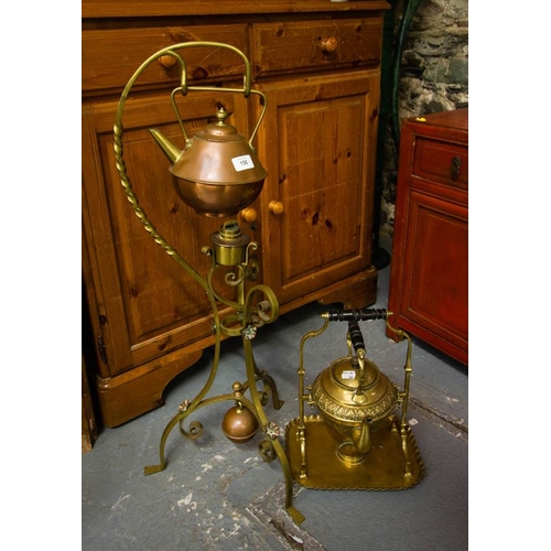 158 - COPPER KETTLE ON STAND + BRASS SPIRIT KETTLE