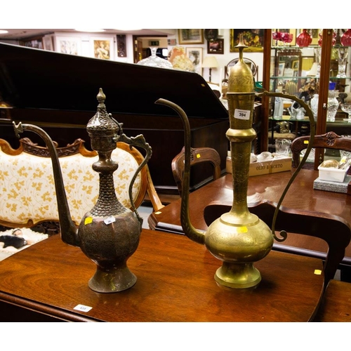 38 - 2 TALL EASTERN BRASS + COPPER TEA POTS + 2 COPPER EASTERN WATER CANTEENS