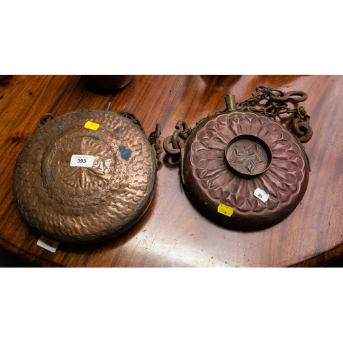 38 - 2 TALL EASTERN BRASS + COPPER TEA POTS + 2 COPPER EASTERN WATER CANTEENS