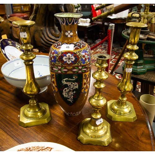 45 - CLOISONNE VASE + 3 BRASS CANDLESTICKS