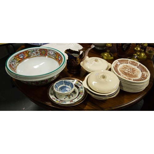 46 - LUSTRE JUG, 2 BOWLS, TUREEN + SHIPPING PLATES