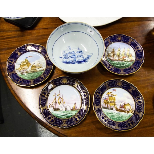 49 - SPODE SHIP BOWL + 4 MARITIME PLATES