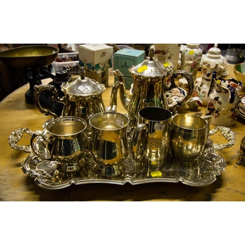 53 - SILVER PLATED TEA SET, TRAY, DISHES + TANKARDS