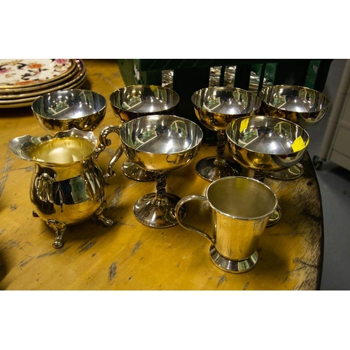 53 - SILVER PLATED TEA SET, TRAY, DISHES + TANKARDS