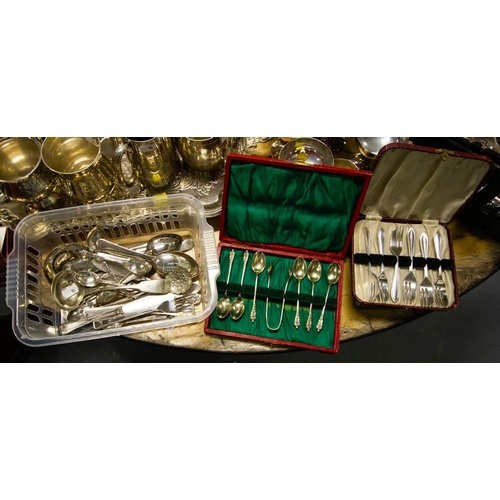 53 - SILVER PLATED TEA SET, TRAY, DISHES + TANKARDS