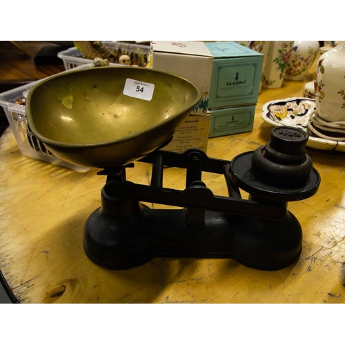 54 - VICTORIAN WEIGHING SCALES + 3 WEIGHTS