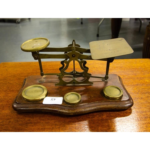 57 - BRASS WEIGHING SCALES + 3 WEIGHTS