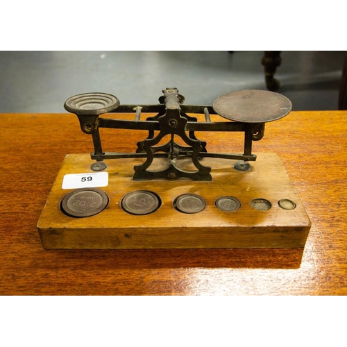 59 - BRASS SCALES + 4 WEIGHTS