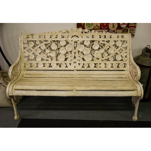 ORNATE LEAF GARDEN BENCH WITH TIMBER ROLL SEAT. 134CM LONG