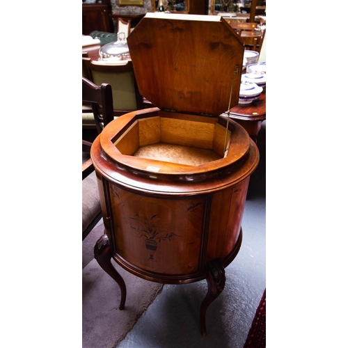 157 - MARQUETRY INLAID MAHOGANY CIRCULAR DRINKS CABINET. WITH LIFT TOP. 90CM HIGH 65CM DIAM.