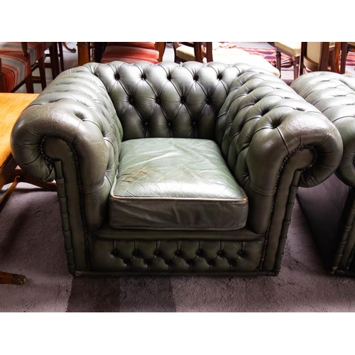 227 - PAIR OF GREEN LEATHER BUTTON BACK CHESTERFIELD ARMCHAIRS. 105CM WIDE X 85CM DEEP